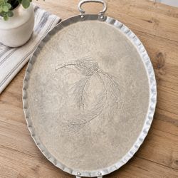Vintage Hammered Aluminum Serving Tray with Wheat Design & Handles