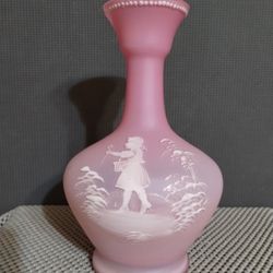Vintage Mary Gregory Girl Picking Flower Pink Satin Glass Vase
