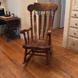 Antique Oak Rocker  1950s Era Design  Solid Oak Rocking Chair