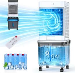 8GAL Swamp Cooler Portable AC, 2 Modes 3 Speeds Blow Cold Air, 120°Swing & 7H Timer, 30H+ Runtime, Windowless Air Conditioner w/Remote