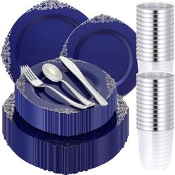 300 Pcs Navy Blue For 50 Guest  Plastic Plates Heavy Duty Blue and Silver Disposable Dinnerware