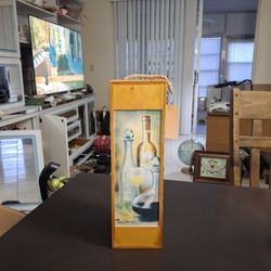 Decorative Wooden Wine Box Carrier With Rope Handle, Latch And Blank Gift Tag- Inside Measurements 13.5"H X 3.5"W 