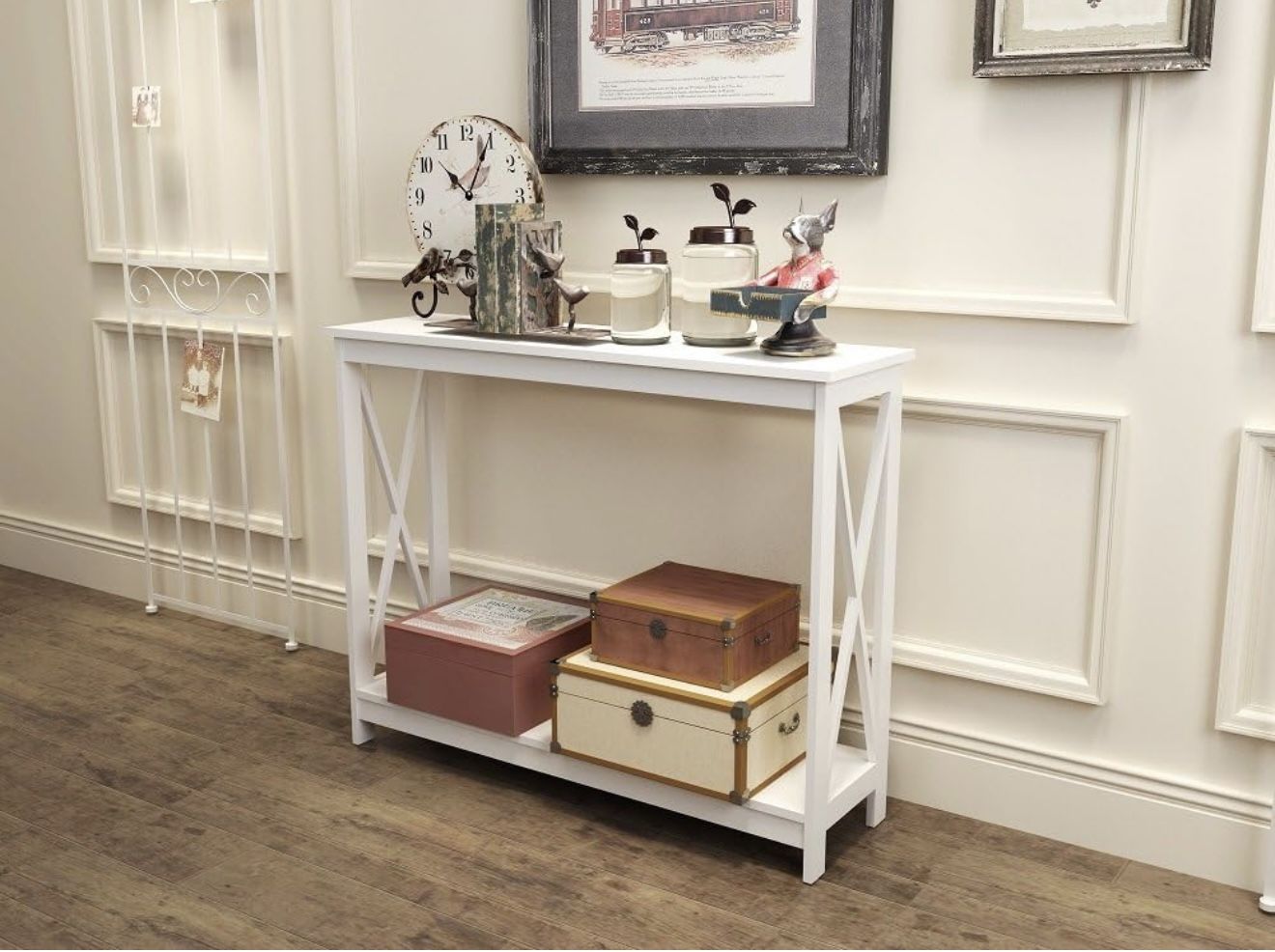White Finish 3-Tier X-Design Occasional Console Sofa Table Bookshelf