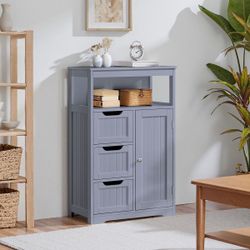 Wooden Floor Cabinet Free Standing Storage Organizer for Living Room Gray