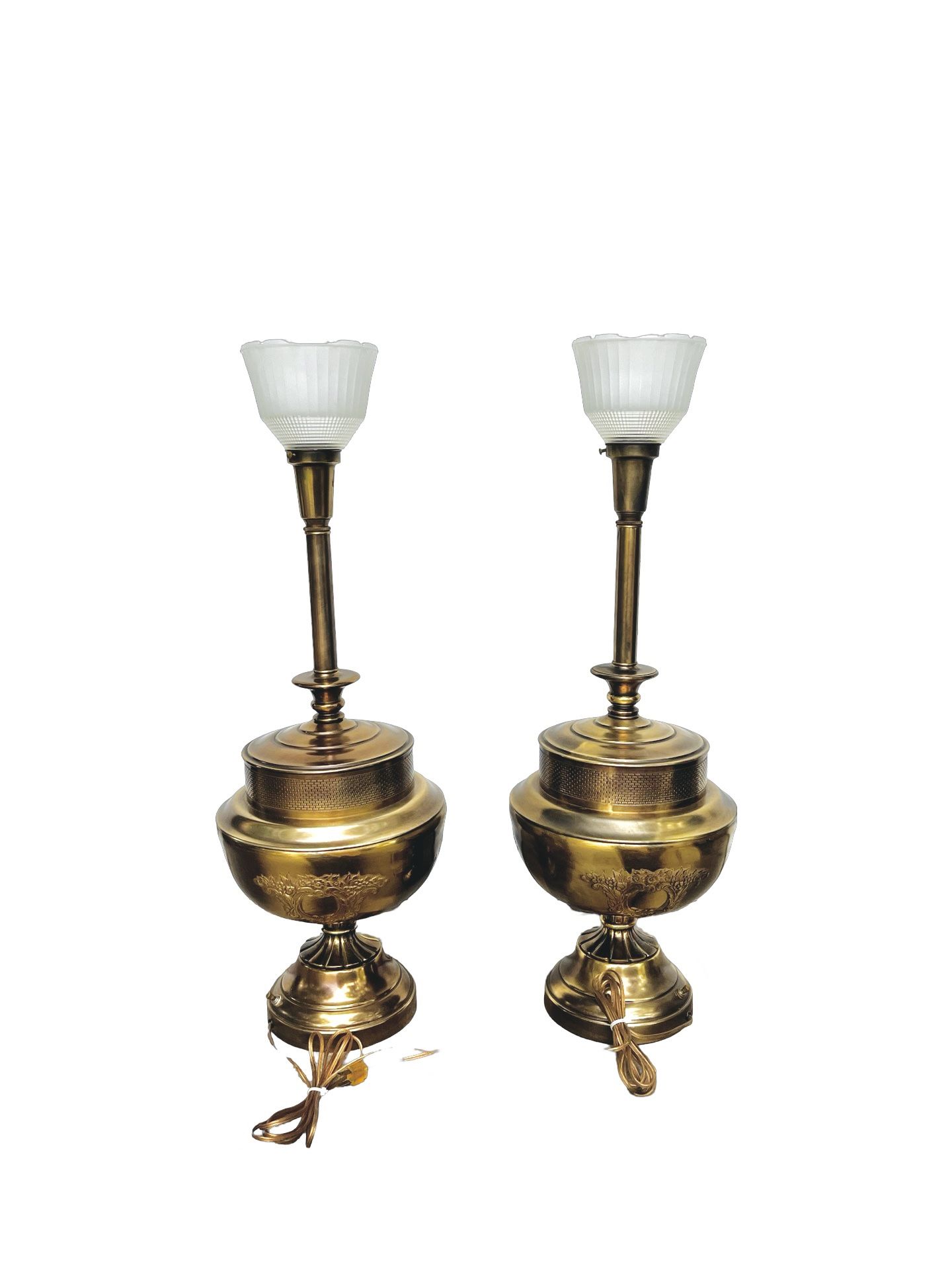 Vintage Brass Rembrandt Lamp Co Pair Design Original Lamp Glass Shade Patina mCM