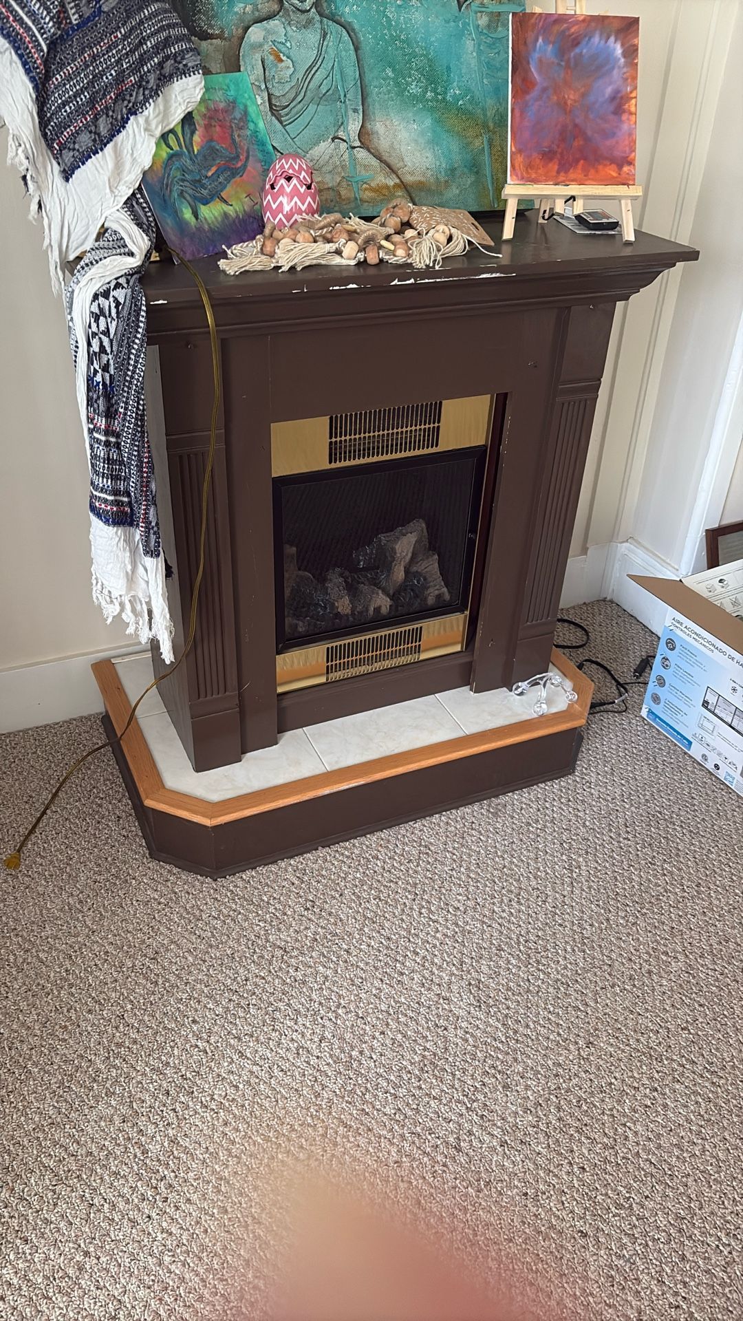 Electric Wooden Vintage Fireplace With Tile And Wood Base