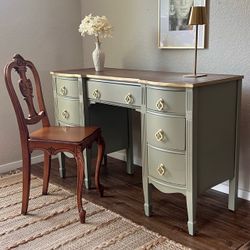 Refinished Writing Desk / Vanity – Sage Green & Wood