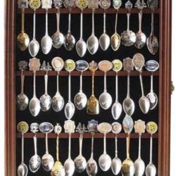 Set Of 2 Souvenir Tea Spoon Solid Wood Display Case Cabinet With Glass Door Walnut Finish