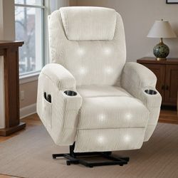New Power Lift Recliner with Massage for Elderly, Classic Single Sofa with 2-Cup Holders, White Corduroy  New in box LR24-0638-CBG * Effortless relaxa