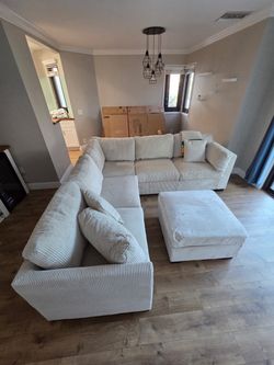 New 99x99 Cream Corduroy Sectional Sofa with Ottoman