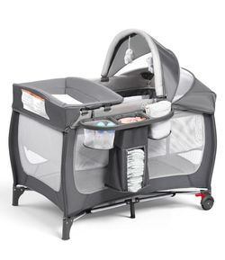 4-in-1 Portable Pack and Play with Bassinet, Changing Table, Adjustable Canopy, Storage Basket & Travel Bag - Infant to Toddler Playard brand new in b
