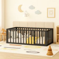 Twin Bed Floor Bed with Fence and Door, Kids Montessori Floor Bed Without Slats, Cute Montessori Bed for Kids, Girls, Boys, Wo... See more