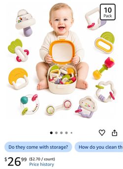 Baby Teether Toys 10 Pack, Baby Rattle Set with Storage Box