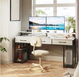 White Computer Desk with Drawers and Shelves