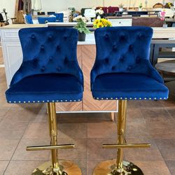 🔥Set of 2🔥Velvet Bar Stool Golden Lion Pull Ring Swivel Chair for Kitchen Counter Nailhead Upholstered Barstools Height Adjustable Barstools with Go