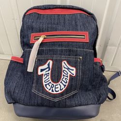 TRUE RELIGION LOGO DARK BLUE DENIM WITH RED ACCENTS BACKPACK NWT