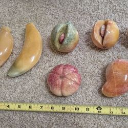 Vintage Seven Piece Alabaster Stone Fruit Set 1970s with Pewter Dish (Johnstown Ohio)