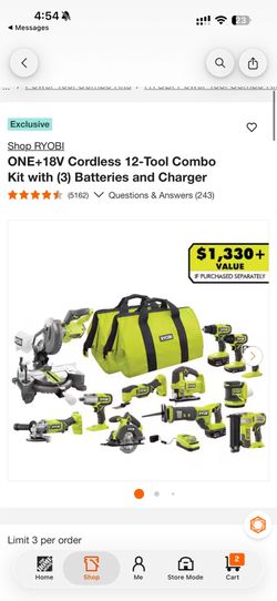RYOBI ONE+18V Cordless 12-Tool Combo Kit with (3) Batteries and Charger