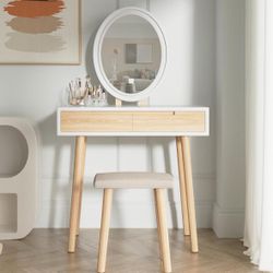 Makeup Vanity Desk with Lights,Small Vanity with Adjustable Brightness Mirror for Samll Spaces,Vanity Desk with Drawers (31.5", Oval Mirror Wood)