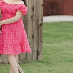 Pink Women's Casual Summer Dress Puffy Short Sleeve Square Neck Smocked Tiered A Line