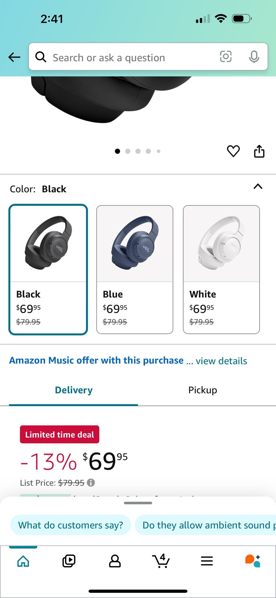 JBL Tune 720BT - Wireless Over-Ear Headphones with JBL Pure Bass Sound, Bluetooth 5.3, Up to 76H Battery Life and Speed Charge, Lightweight, Comfortab