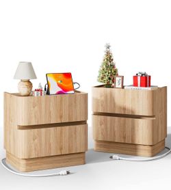 18” Nightstands with Charging & Rounded Drawer Front Natural Oak, Handleless, Raised Edge, FSC-Certified MDF, 2 Drawer, Modern, Bedroom, Wooden Night 
