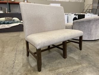 Beige High Back Upholstered Settee with Nailhead Trim