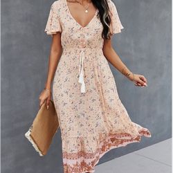 Women’s Positioning Floral Print Boho Casual Dress Mid Calf Size Medium 