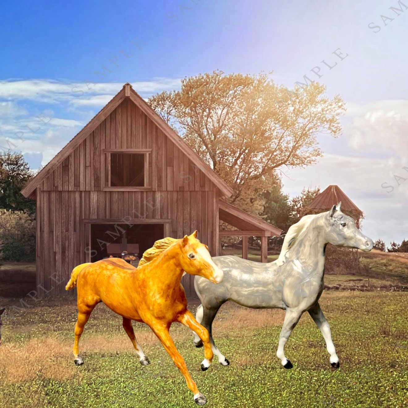 Breyer 1990s 2 Paddock Pals Chestnut & Gray Custom Painted Horses, 5”  PLEASE NOTE: The first image is an artistic representation; all other photos an