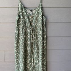 Women’s Size XL Spaghetti Strap Summer Dress -Green Daisy Floral, Tie Waist 