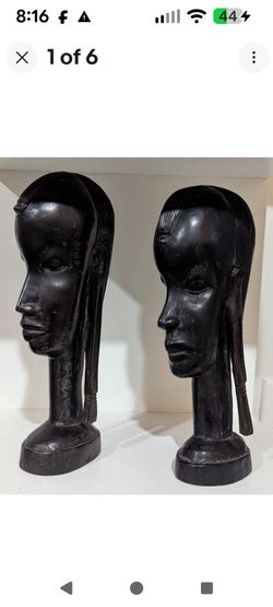 Vintage African Ebony Wood Hand-Carved Female Maasai Head Sculptures