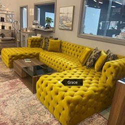 Polo Mustard Velvet Double Chaise "U" Shape Sectional Sofa ❤️ Financing Available✅ $1 Down Payment $2449