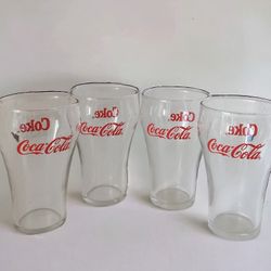 (4) Vintage Red Letter Coca Indiana Glass Cola Coke  Glasses 5" Tall