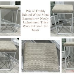 Pair of Freshly Painted White Metal Barstools w/ Newly Upholstered Thick Wavy 2-Toned Tan Seats
