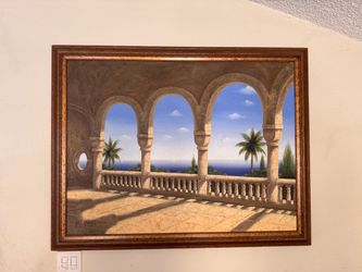 Large Framed Mediterranean Coastal Canvas Art – Signed M. Rost