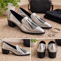 Rebecca Minkoff "Edie" Silver Metallic Tassel Loafers - Size 8