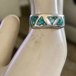 Gorgeous Vintage Navajo Ring, Flat Stone Size 5.5 Sturdy Ring  Native American Wedding Band having Triangle Designs of Turquoise chip Inlay all around