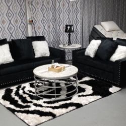 Cinderella Black Velvet Sofa and Loveseat / Living room set 