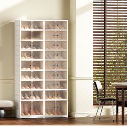 9 Tier Foldable Shoe Rack Organizer for Closet, 18-36 Pairs Plastic Shoe Shelf Collapsible Shoes Storage Box, Clear Shoe Boxes with Door, Shoe Cabinet