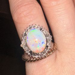 Preown Platinum Ring , 3ct Genuine Opal, .65ct Natural Diamonds - Estate 