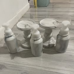 2 Marble Candle Holders And 3 Marble Soap Dispensers