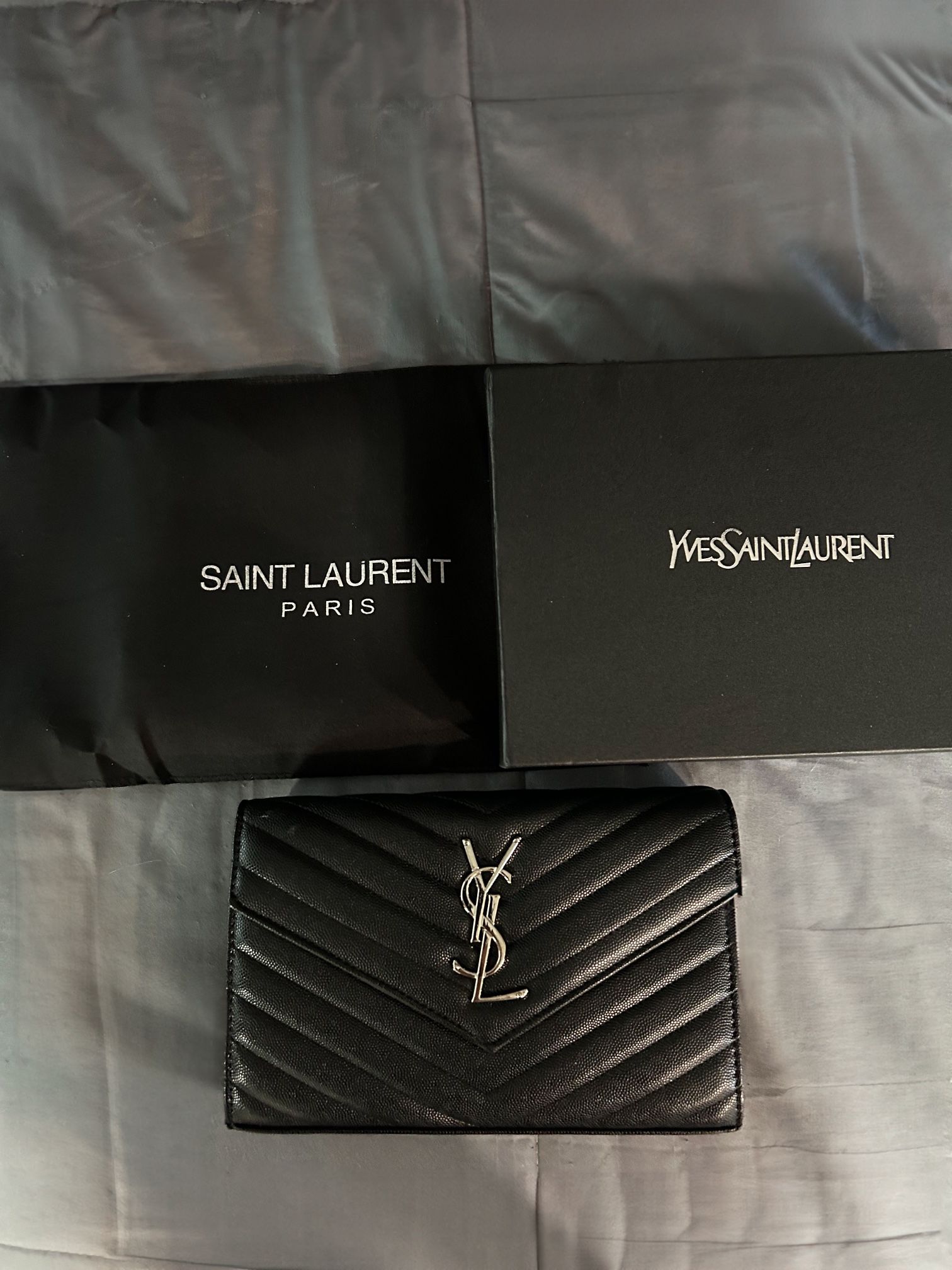 Authentic YSL Black Leather Purse with Silver Chain