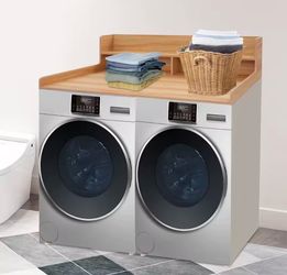 Washer and Dryer Countertop with 2-Tier Shelf – 54" (W) x 27.5" (D) Wooden Laundry Organizer – Folding Surface with Non-Slip Finish