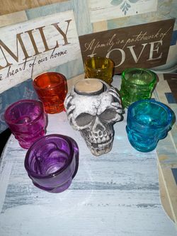 Skull Candle Holder with Colored Glass Votive Set