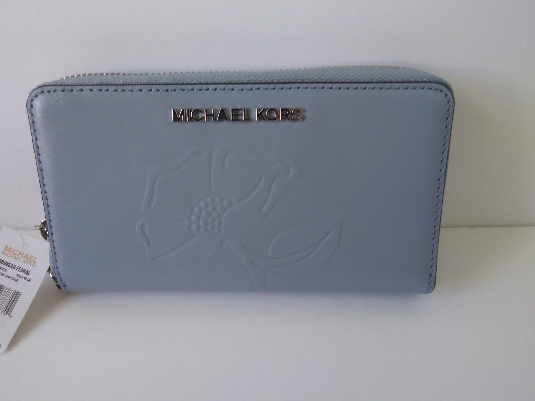 Michael Kors Latge Flat Phone Case Nouveau Floral Dark Khaki Leather Wristlet