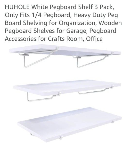 HUHOLE White Pegboard Shelf 3 Pack, Only Fits 1/4 Pegboard, Heavy Duty Peg Board Shelving for Organization, Wooden Pegboard Shelves for Garage