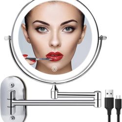 Rechargeable Wall Mounted Lighted Makeup Vanity Mirror 8 Inch Double Sided 1X 10X Magnifying Bathroom Mirror, 3 Color Lighting, Touch Screen Dimming, 