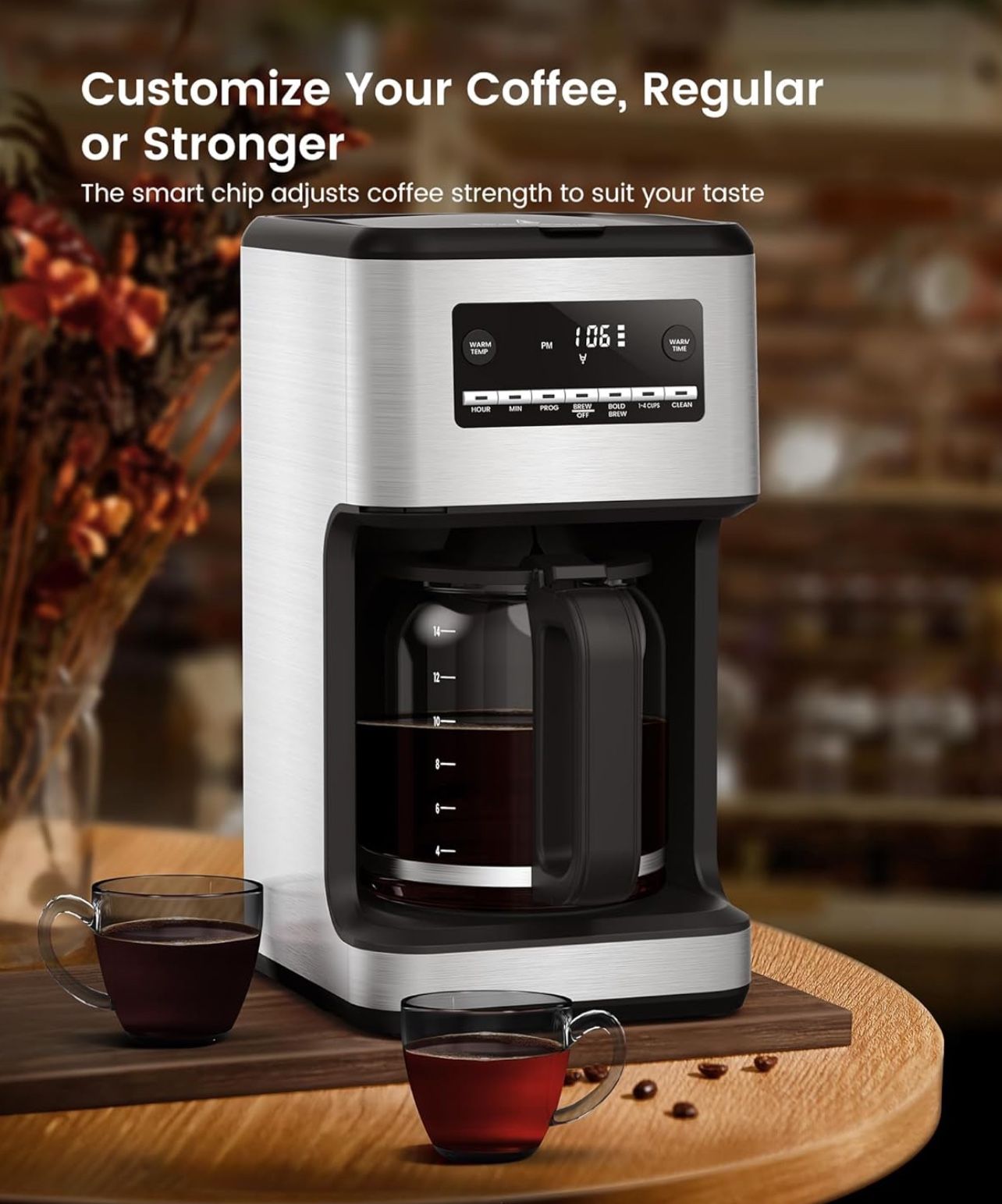14-Cup Coffee Maker, 24-Hour Programmable Coffee Brewer, Keep Warm, Drip Free, Washable Filter, Stainless Steel