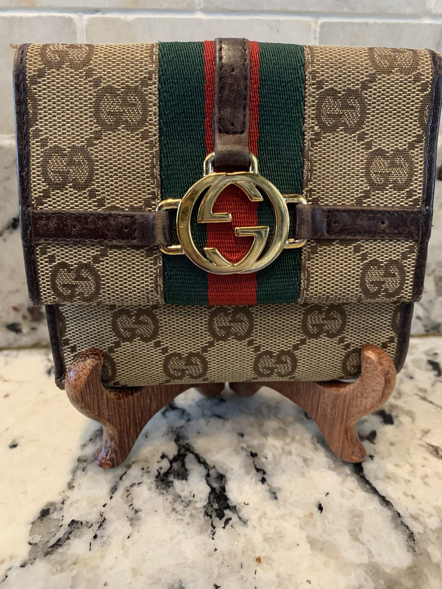 AUTHENTIC GUCCI INTERLOCKING G MONOGRAM LOGO SHERRY RACING STRIPE BIFOLD WALLET
