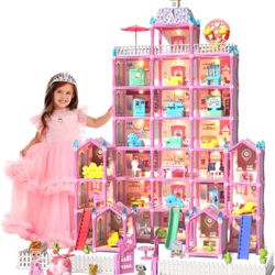 7-Story 29 Rooms Huge Doll House for Girls, Play House Toys Accessories and Furniture, Outdoor Girls Play Set, Pink, 2024 Christmas Toy, Easy Assembly